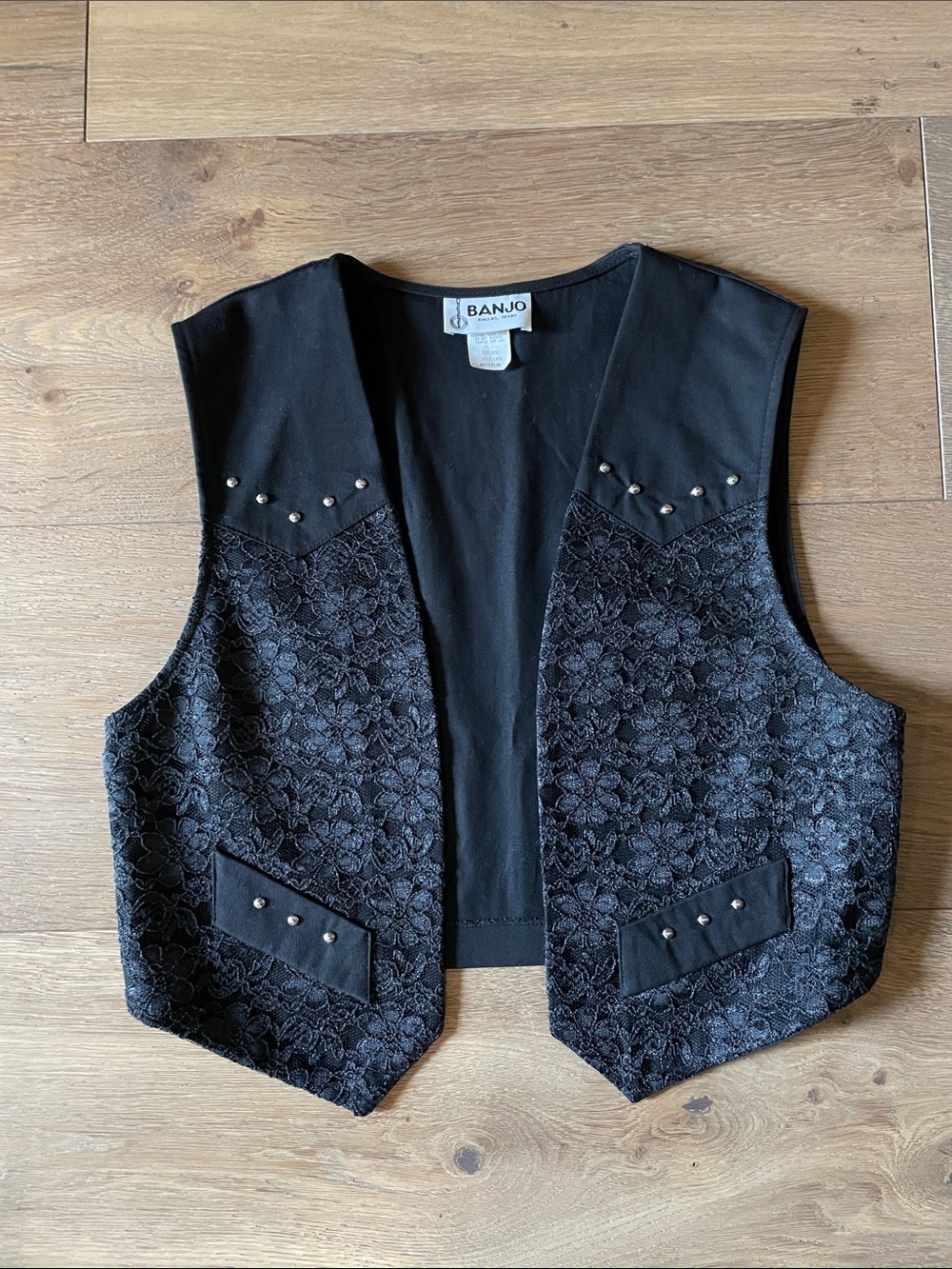 Vintage Banjo Black Open-Front Vest With Lace And Studs Details Size Medium
